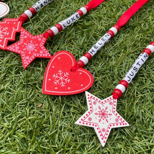 Bead and Wooden Shape Personalised Decoration - Red and White