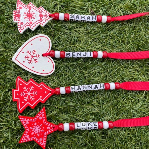 Bead and Wooden Shape Personalised Decoration - Red and White