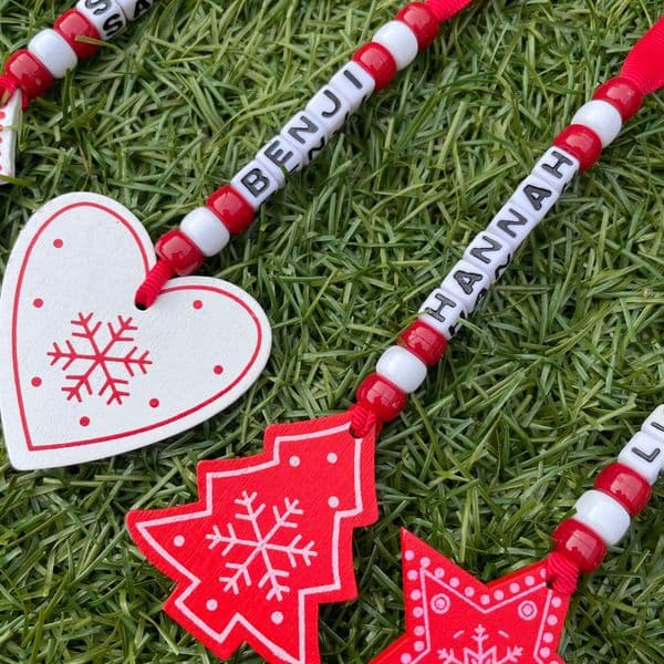 Bead and Wooden Shape Personalised Decoration - Red and White