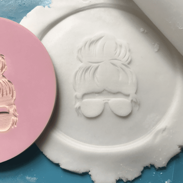 SALE Girl with Hair up and Sunglasses Engraved circle stamp
