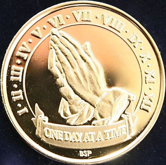 Praying Hands, One Day At A Time. Gold Plated.