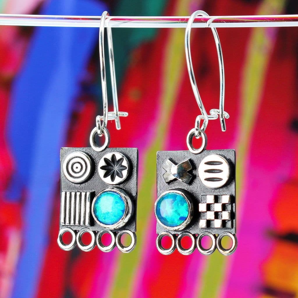 Oxidised square earrings with blue opal gemstones and polished symbols