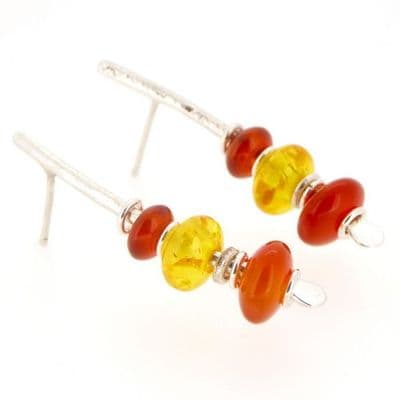 Amber and carnelian silver earrings handmade silver medium arc shape