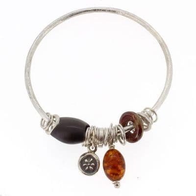 Amber bangle handmade silver with Picasso jasper and wooden bead 3mm rod