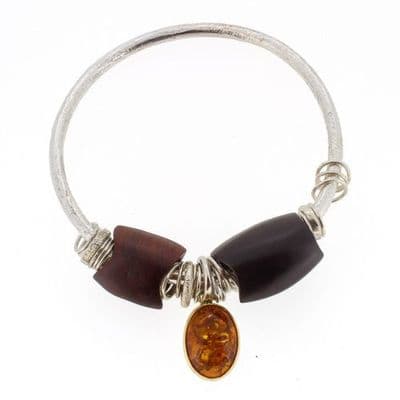 Amber bangle large cabochon silver and gold handmade with wooden beads 4mm rod