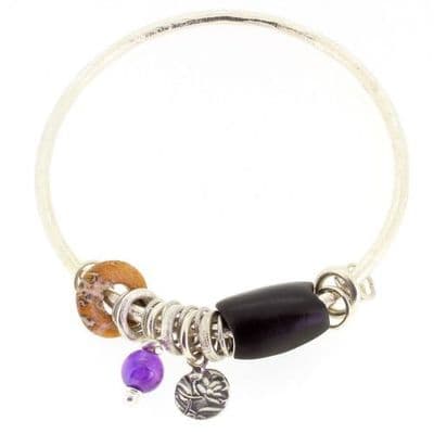 Amethyst bangle sterling silver & hand carved wooden bead 3mm rod