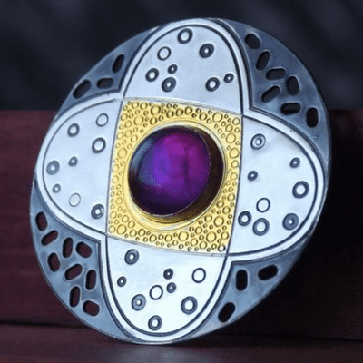 Amethyst brooch, large stone, silver and gold round brooch, contemporary modern design, No.7