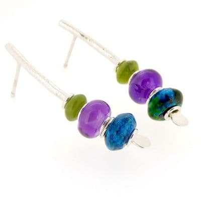 Amethyst earrings with nephrite jade sterling silver medium arc shape