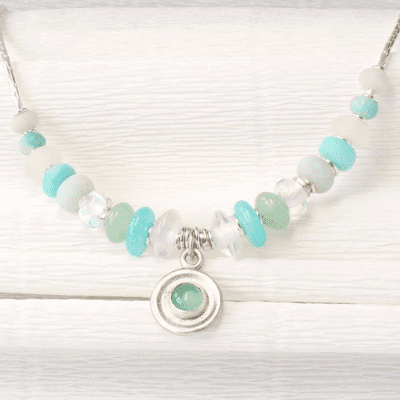 Aqua Chalcedony satin silver gemstone necklace, Amazonite, Aventurine, Crystal