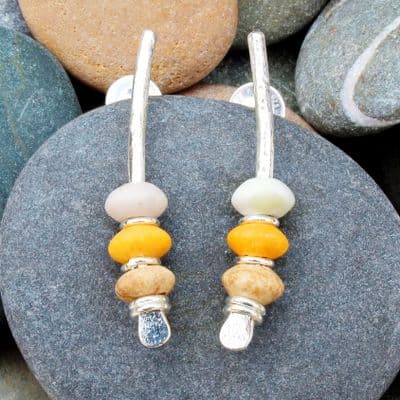 Arc silver earrings, seaside inspired, natural stone, light coloured pebble earrings 7A