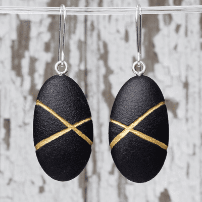 Black Pebble earrings, Stripe no.4. Nature inspired jewellery