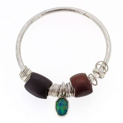 Blue green Opal triplet cabochon bangle silver with carved wooden beads 4mm rod