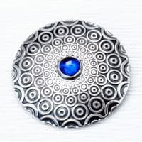 Blue spinel brooch, handmade round sterling silver, descending circle pattern