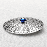 Blue spinel brooch, handmade round sterling silver, descending circle pattern