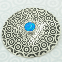 Blue spinel brooch, handmade round sterling silver, descending circle pattern