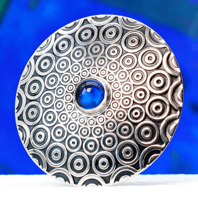 Blue spinel brooch, handmade round sterling silver, descending circle pattern