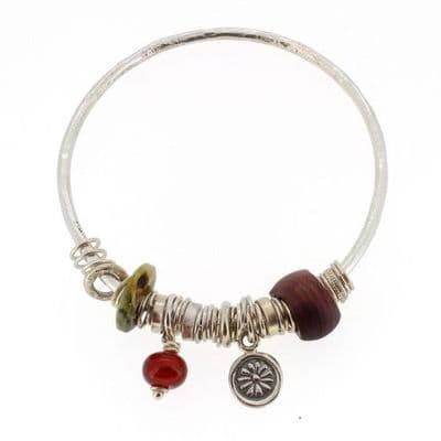 Carnelian bangle sterling silver Picasso jasper and wooden bead 3mm rod