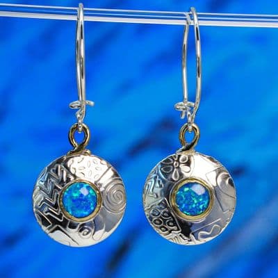 Contemporary round sterling silver earrings featuring blue Opal gemstones, choice of stones.