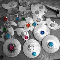 Contemporary round sterling silver earrings featuring blue Opal gemstones, choice of stones.
