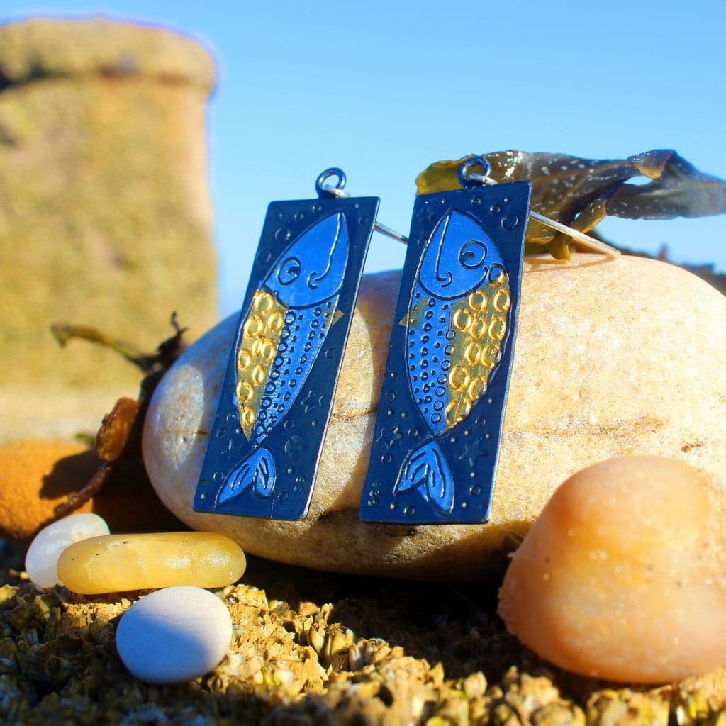 Fish Earrings artist design handmade long silver and 24 carat gold