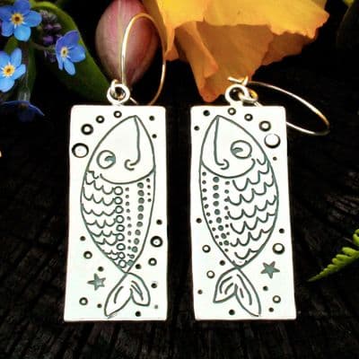 Fish earrings, goldfish, polished silver