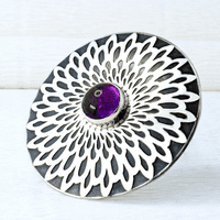 Flower Pattern Brooch 'A', Amethyst Gemstone, Sterling Silver Handmade Brooch