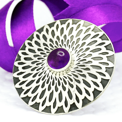 Flower Pattern Brooch 'A', Amethyst Gemstone, Sterling Silver Handmade Brooch