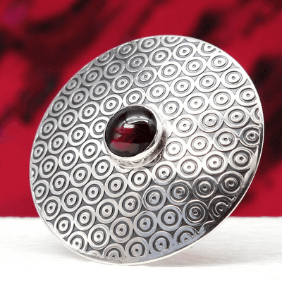 Garnet brooch, handmade round sterling silver, circle pattern, no.1