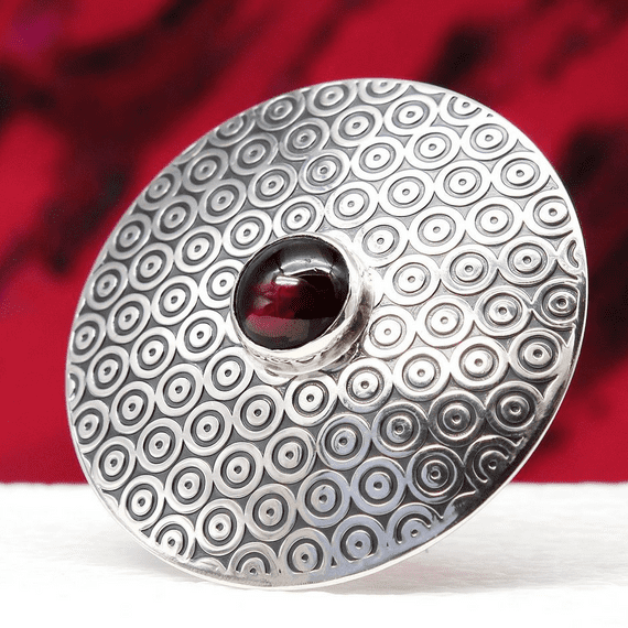 Garnet brooch, handmade round sterling silver, circle pattern, no.1