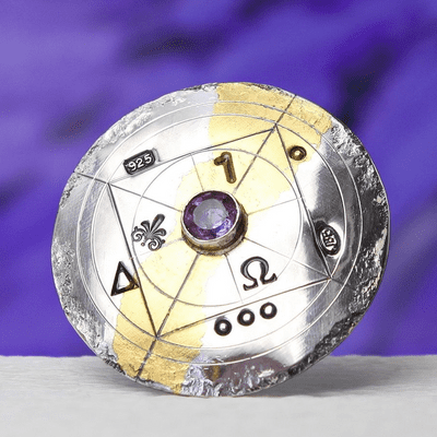 Handmade amethyst brooch, round original keum boo antique look