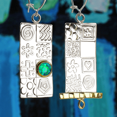 Handmade asymmetrical blue Opal earrings, made from sterling silver, offering a choice of gemstones.