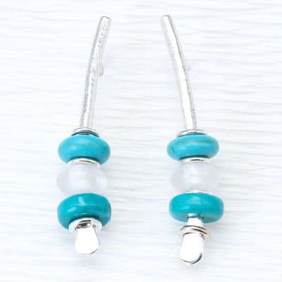 Handmade earrings, sterling silver, turquoise and rock crystal. Small arc earrings.
