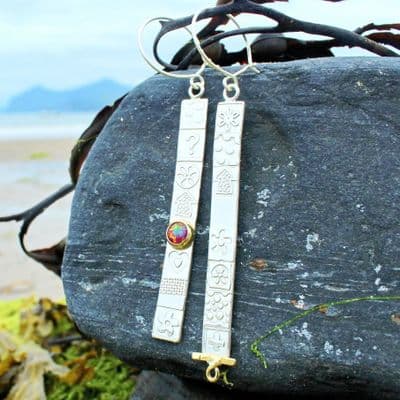 Handmade extra long asymmetrical earrings, sterling silver with a red Opal. Choice of stones.