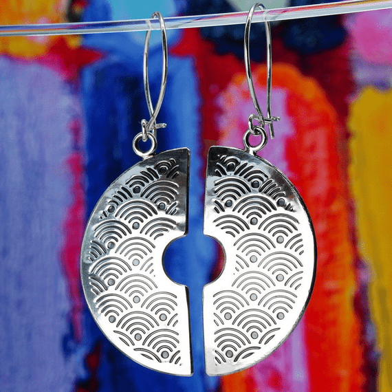 Handmade Fan pattern halved earrings, made from sterling silver with a beautiful embossed pattern