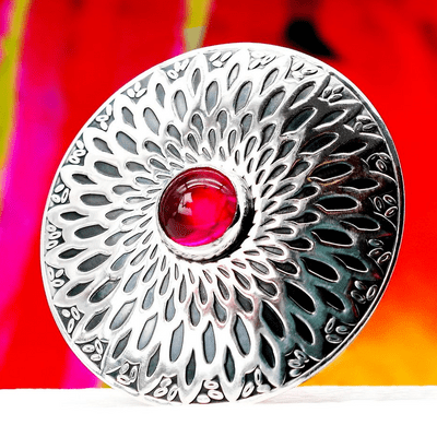 Handmade Flower Pattern Brooch 'B', featuring a beautiful 10mm Pink corundum gemstone.