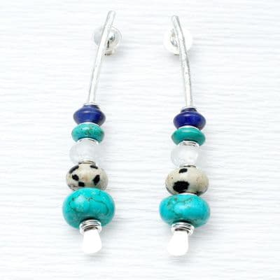Handmade gemstone arc earrings with turquoise and lapis lazuli