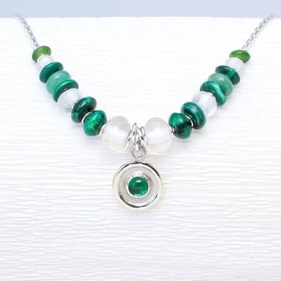Handmade green Spinel necklace with green and clear gemstones, silver chain