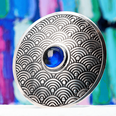 Handmade Japanese Fan Pattern Brooch,  with a beautiful 10mm ,blue Spinel gemstone. Fan pattern B.