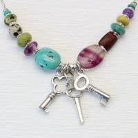 Handmade Key necklace with sterling silver keys and gemstones