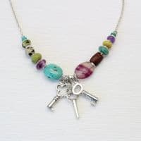 Handmade Key necklace with sterling silver keys and gemstones