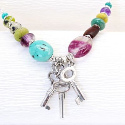 Handmade Key necklace with sterling silver keys and gemstones