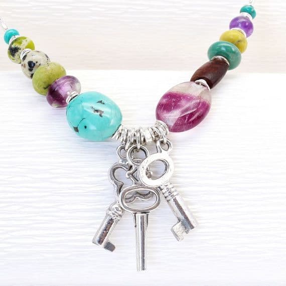 Handmade Key necklace with sterling silver keys and gemstones