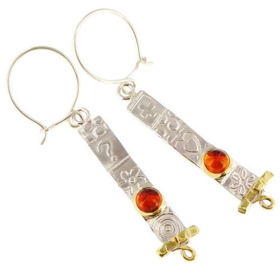 Handmade matching long  sterling silver earrings featuring two beautiful Amber stones
