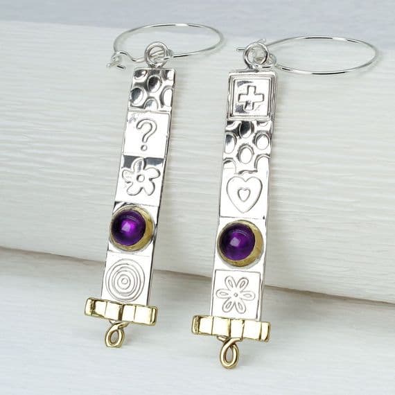 Handmade matching long  sterling silver earrings featuring two beautiful Amethyst  stones