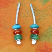 Handmade multi-gemstone earrings, turquoise, carnelian, chrysoprase. Small arc earrings.