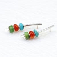 Handmade multi-gemstone earrings, turquoise, carnelian, chrysoprase. Small arc earrings.