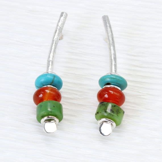 Handmade multi-gemstone earrings, turquoise, carnelian, chrysoprase. Small arc earrings.