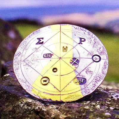 Handmade round brooch, Keum boo scribed antique style, sterling silver and 24 carat gold