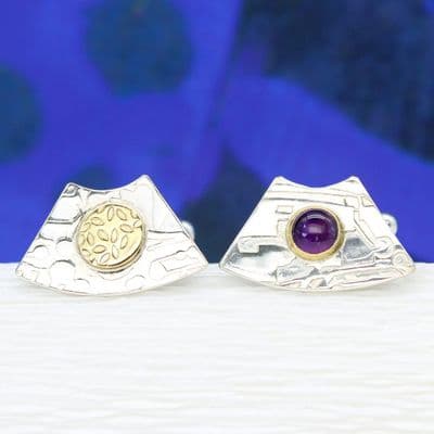 Handmade silver cufflinks, fan shaped, amethyst cufflinks