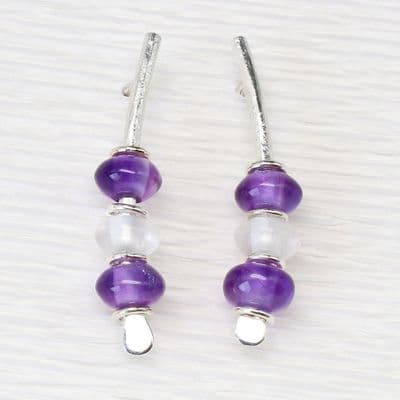 Handmade sterling silver amethyst earrings with rock crystal. Small arc earrings.